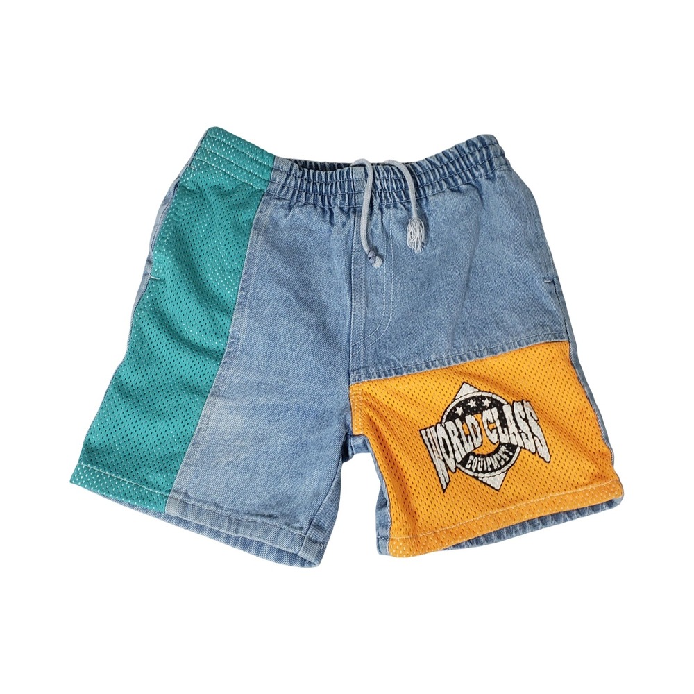 Certified Kid Boys Denim Mesh Colorblock Shorts Blue Teal Orange Size 6 Vintage
